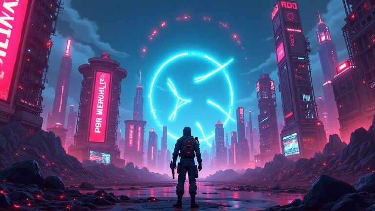 Poster in Borderlands style: player in front of neon towers of corporate logos, veAERO governs Aerodrome on Base.