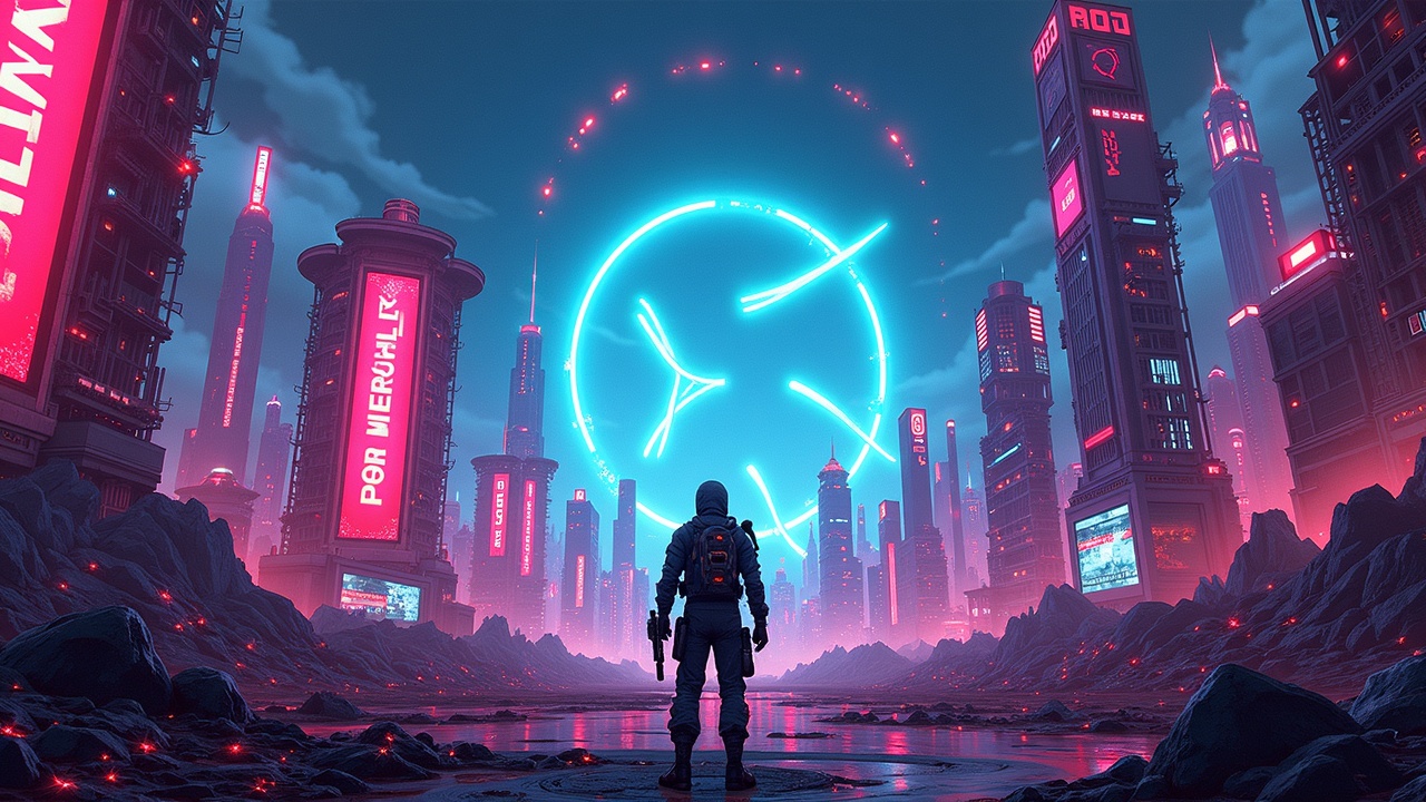 Poster in Borderlands style: player in front of neon towers of corporate logos, veAERO governs Aerodrome on Base.