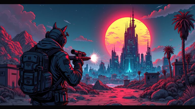 Rebel gamer in a Borderlands style in front of a neon corporate fortress; DePIN nodes around Solana, in the BMB presale