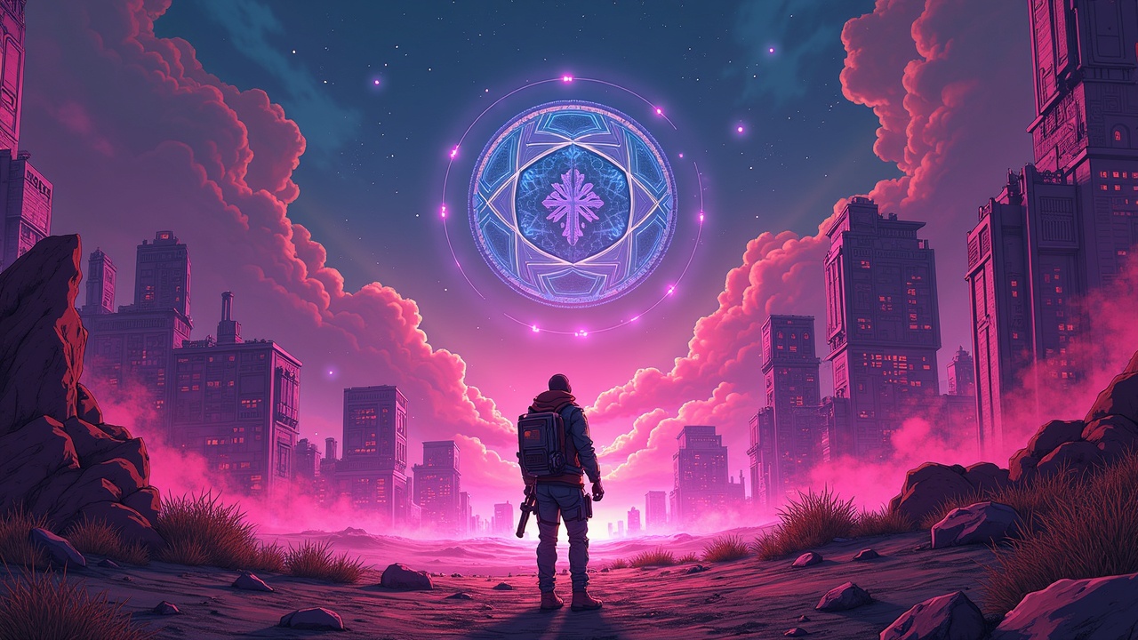 borderlands-style gamer breaks through a neon desert city as POWER and Cambria glow, with on-chain rewards raining.