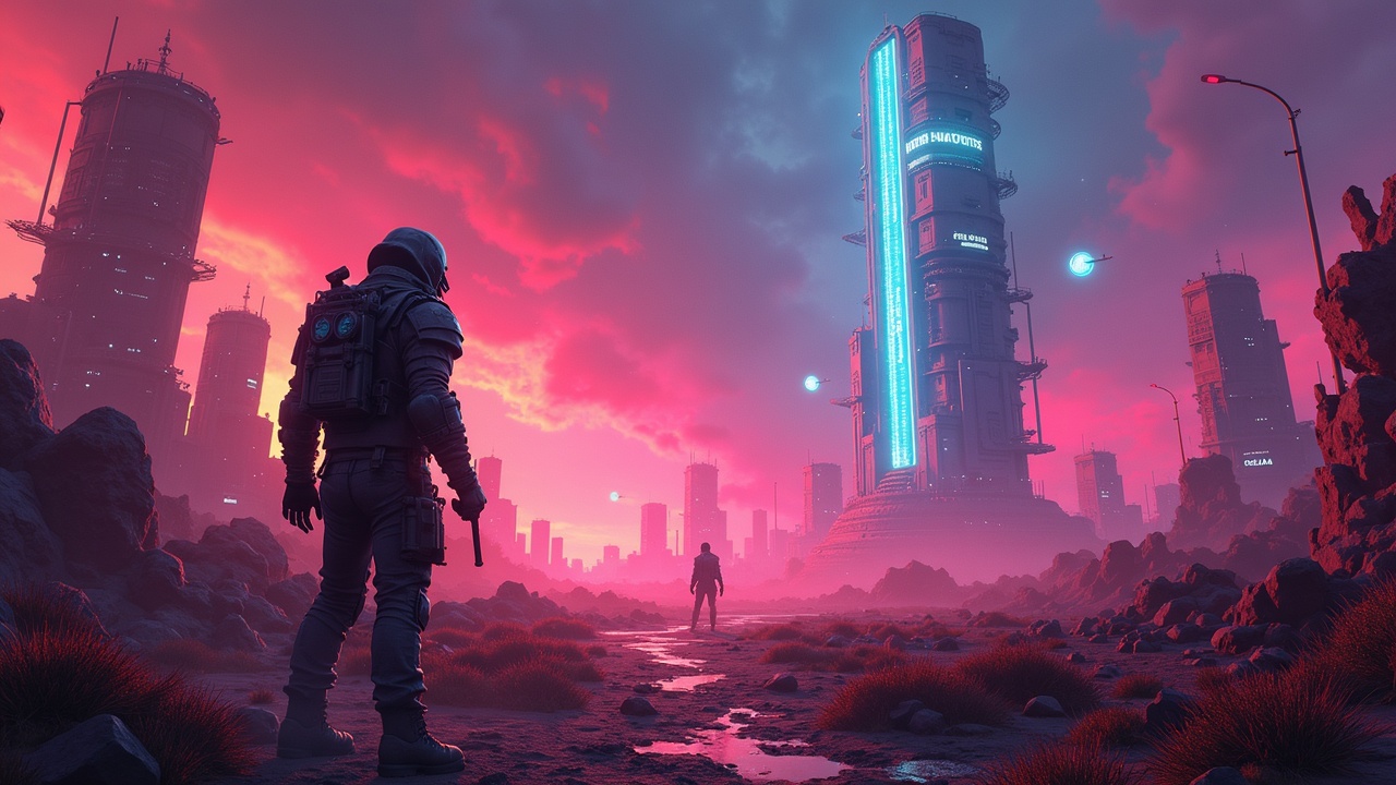 Lone gamer in a Borderlands style in front of neon towers; SPHR emerges from an energy meter, symbolizing play-to-earn.