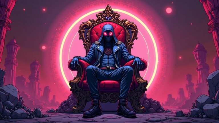 Borderlands-inspired Shadower reaches level 250, glowing Throne of Masters Time chair in neon wasteland