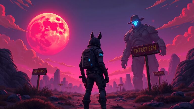 Borderlands-style: rebellious wallet in a neon wasteland, signs claim.metamask.io and gift.metamask.io, MASK symbol.