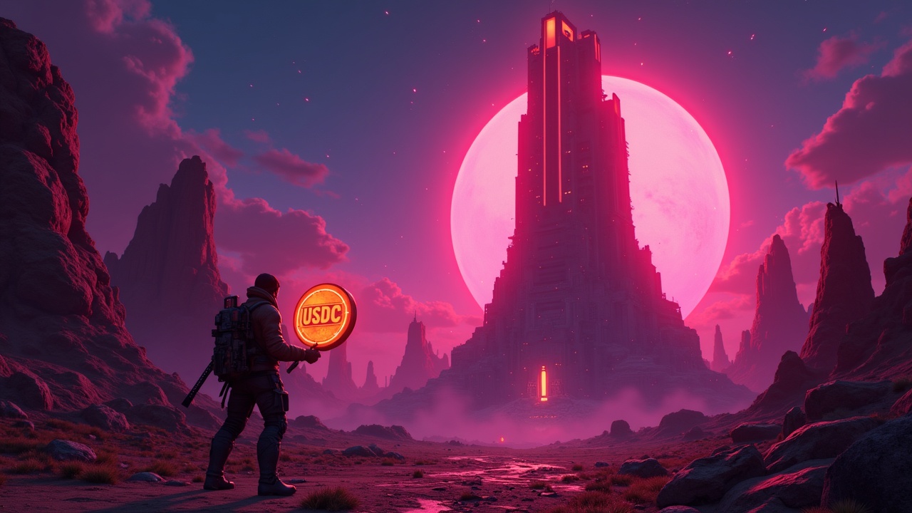 Neon, Borderlands-style gamer with a glowing USDC coin toppling a central token tower in a desert-city scene.