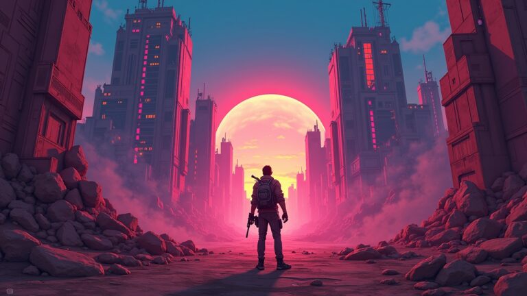 Borderlands-style scene: lone gamer before neon towers as crypto tokens erupt, signaling decentralization and p2e rebellion