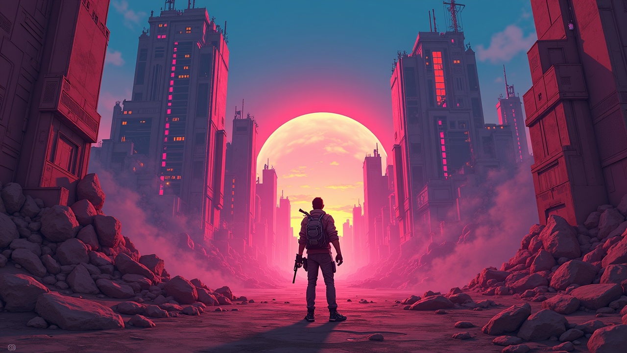 Borderlands-style scene: lone gamer before neon towers as crypto tokens erupt, signaling decentralization and p2e rebellion