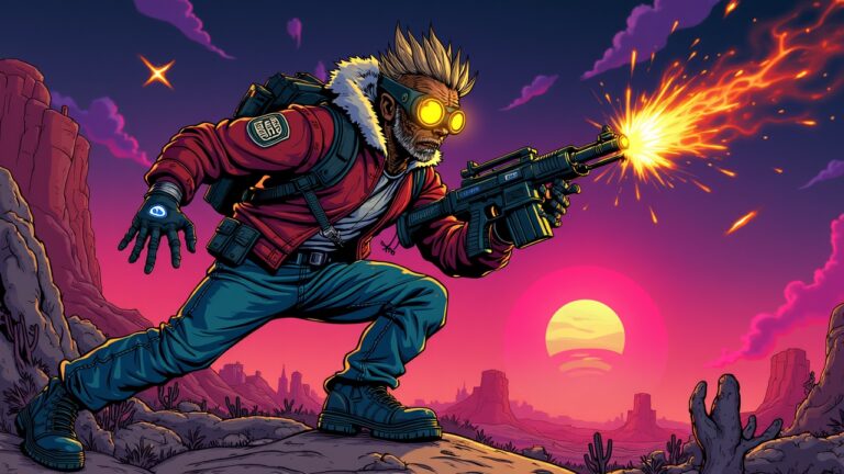 Borderlands-style poster: a rebellious gamer rips through Telegram logos in a neon landscape, Treasure Tapper emblem shines