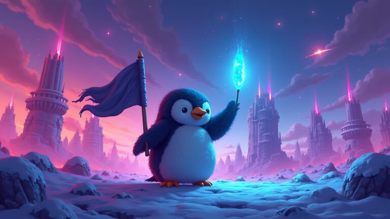 Pudgy Penguin hero waving a blockchain flag amid neon ruins, bridging Solana and Aborean on Igloo Layer-2.