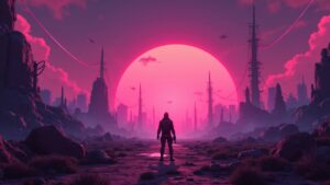 Borderlands-inspired scene: gamer vs neon corporate servers in a CROSS wasteland, hints of play-to-earn and decentralization.