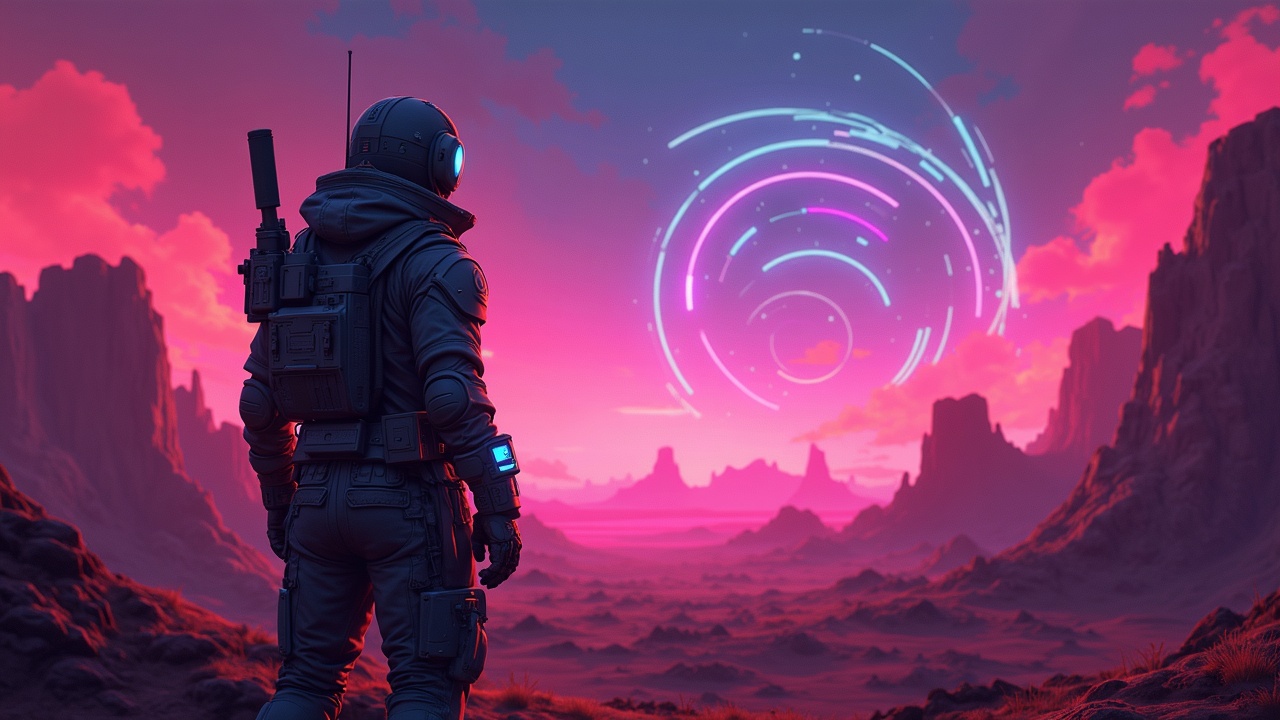 Borderlands-style cyber desert, solo gamer piloting AI on-chain signals with neon charts and whales in GameFi.