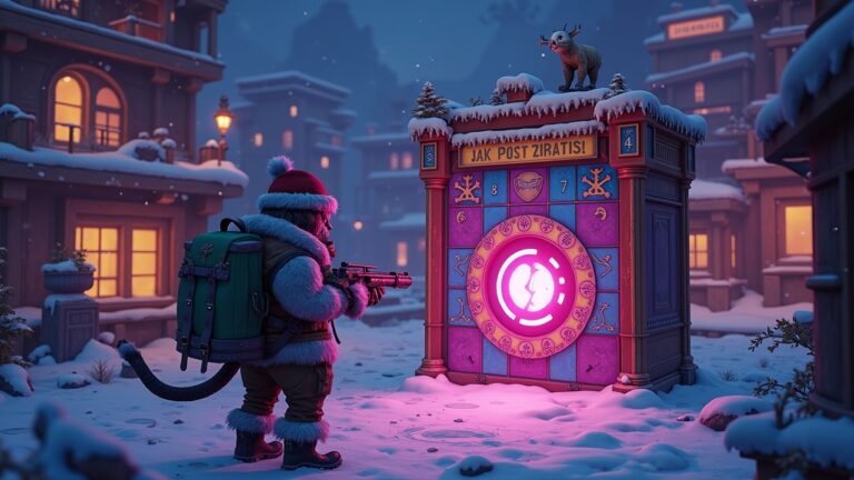 Borderlands-inspired gamer opens neon Advent Calendar portal in a sandbox city, reveals daily rewards and a Cozy Yeti avatar.