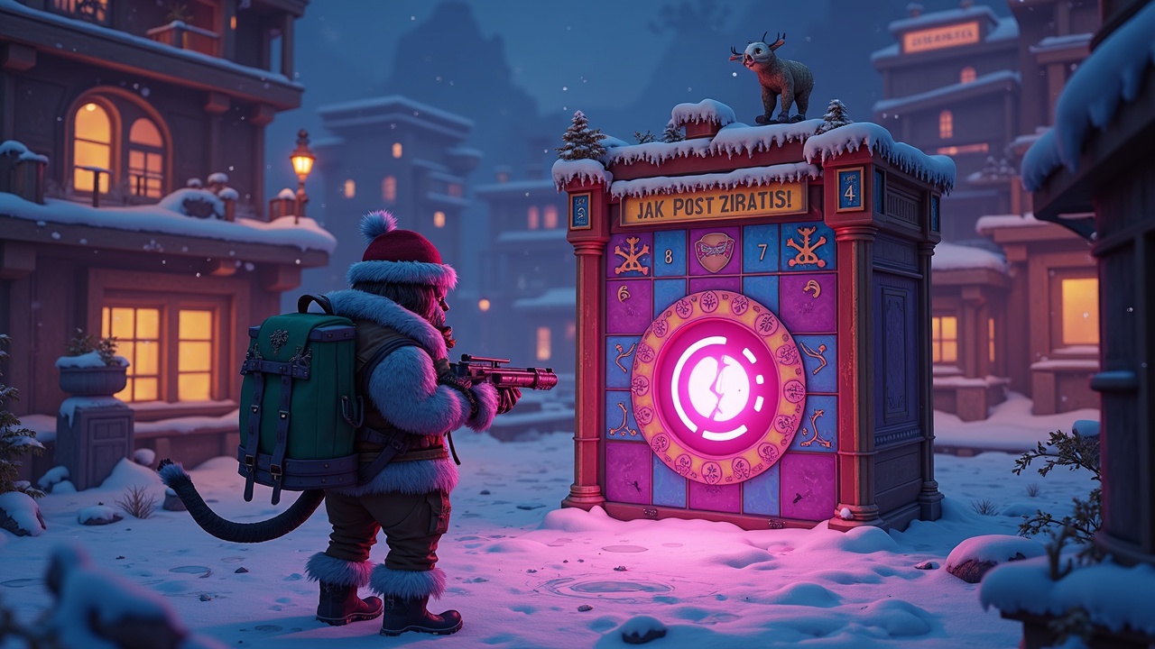 Borderlands-inspired gamer opens neon Advent Calendar portal in a sandbox city, reveals daily rewards and a Cozy Yeti avatar.