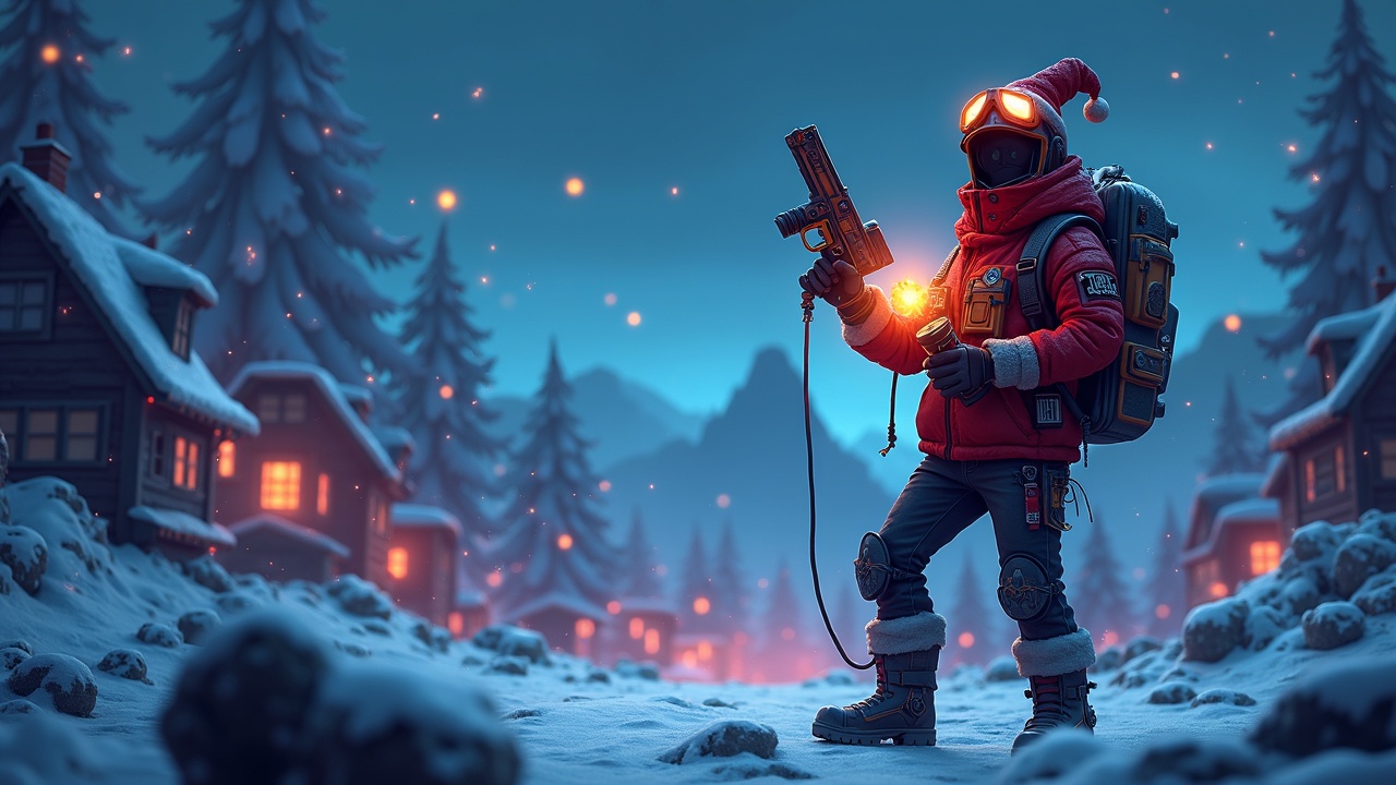 Borderlands-style poster: lone rebel gamer on Teardrop Island clutching glowing Tickets in a festive, chaotic winter wasteland.