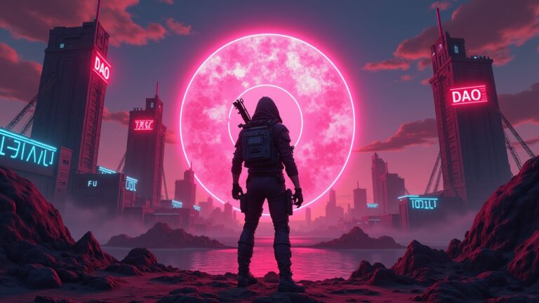 Borderlands-style poster: defiant gamer in front of towers, VALAN in neon, Solana skyline and DAO banners for TGE Nov 25, 2025.