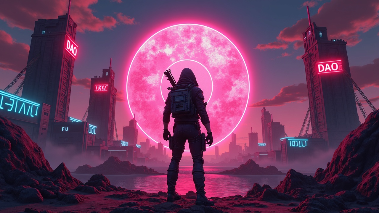 Borderlands-style poster: defiant gamer in front of towers, VALAN in neon, Solana skyline and DAO banners for TGE Nov 25, 2025.