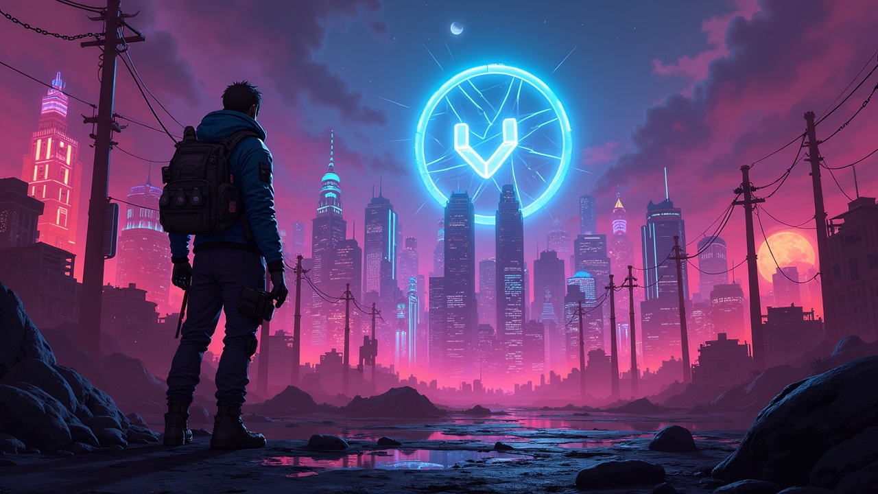 Borderlands-style scene: gamer in front of a neon skyline, VALAN emblem and corporate logos, play-to-earn governance