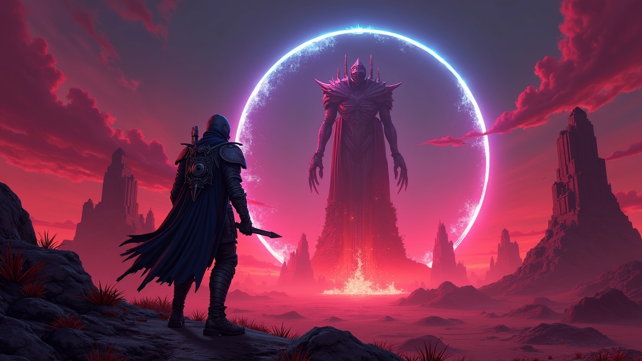 Solitary guardian in a Borderlands-style before a central tower; $VOG emerges from a Solana portal in a neon desert